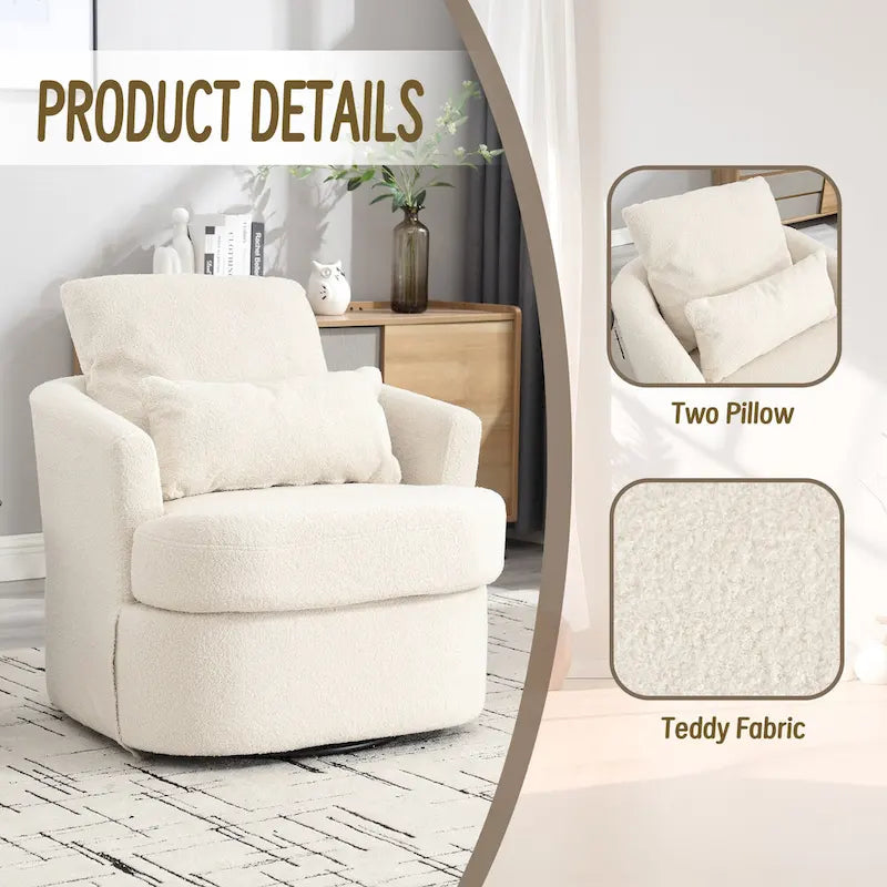 Poltrona a botte girevole a 360° rivestita in Teddy bianco da 32,68 pollici con base in metallo