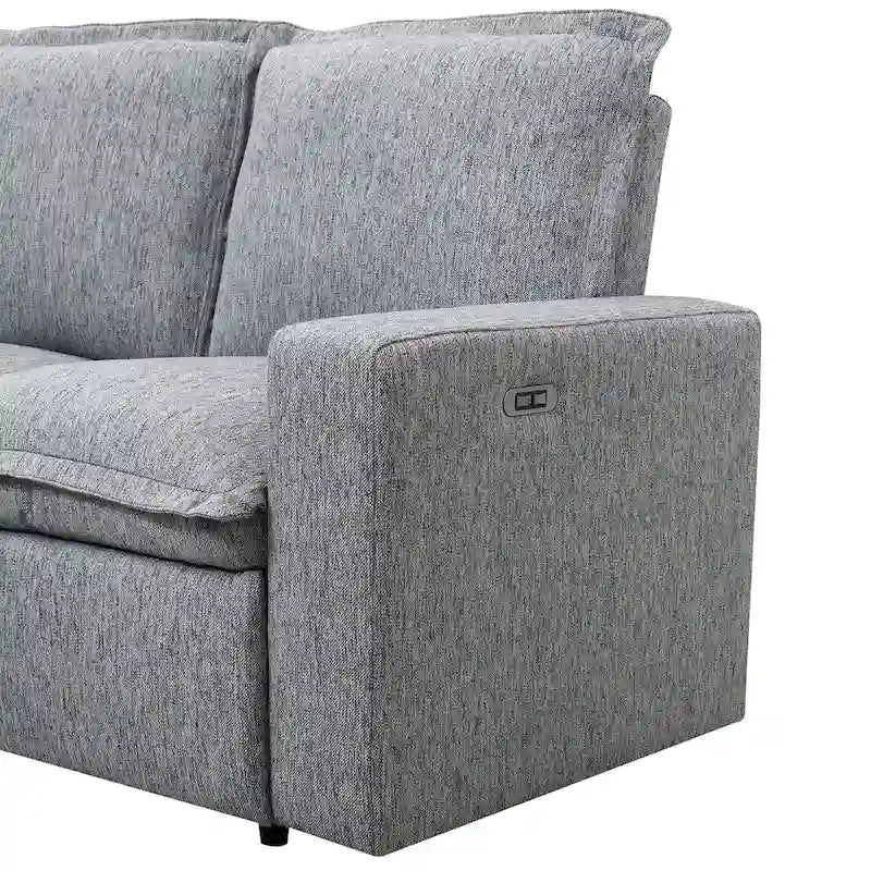 Divano componibile a L in lino grigio con reclinabili elettrici e USB