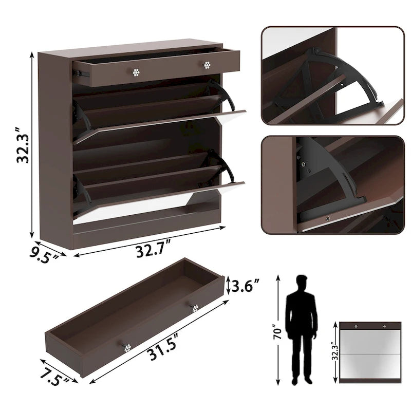 Scarpiera a Specchio con 2 Cassetti a Ribalta e Design a Porta da Fienile, Organizer Scarpiera Autoportante con Cassetto e Ripiani