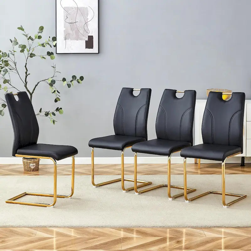 Set di sedie da pranzo in PU, sedie da pranzo nere dal design unico, materiale in PU, abbinate a gambe in metallo dorato (set da 4)