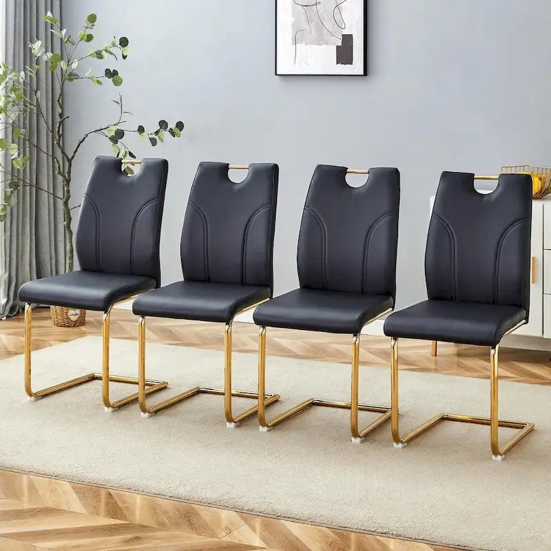 Set di sedie da pranzo in PU, sedie da pranzo nere dal design unico, materiale in PU, abbinate a gambe in metallo dorato (set da 4)