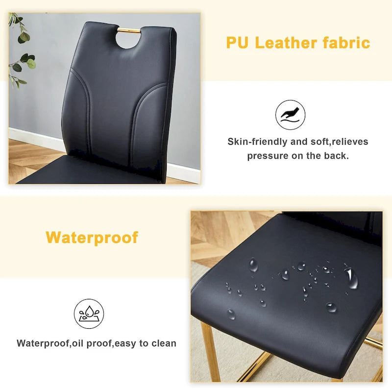 Set di sedie da pranzo in PU, sedie da pranzo nere dal design unico, materiale in PU, abbinate a gambe in metallo dorato (set da 4)