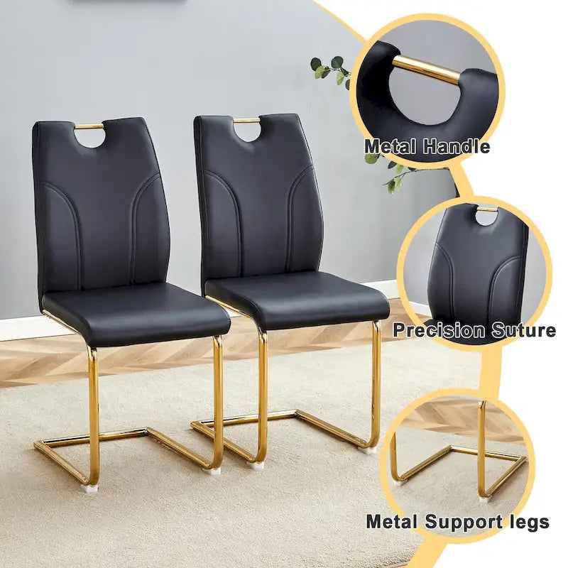 Set di sedie da pranzo in PU, sedie da pranzo nere dal design unico, materiale in PU, abbinate a gambe in metallo dorato (set da 4)