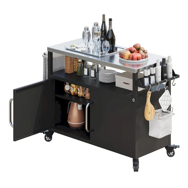54.5 Isola da cucina per esterni con piano in acciaio inossidabile, tavolo da barbecue in metallo con armadietto portaoggetti, portaspezie