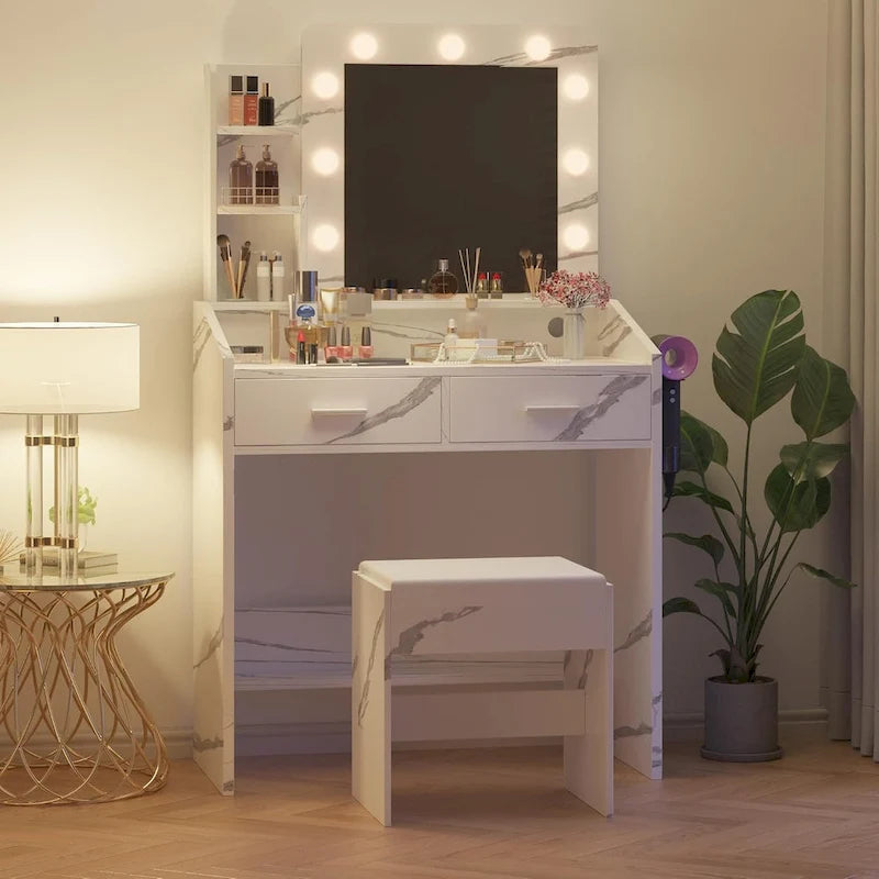 Toeletta con specchio e luci, toeletta per trucco con presa di corrente e sgabello imbottito
