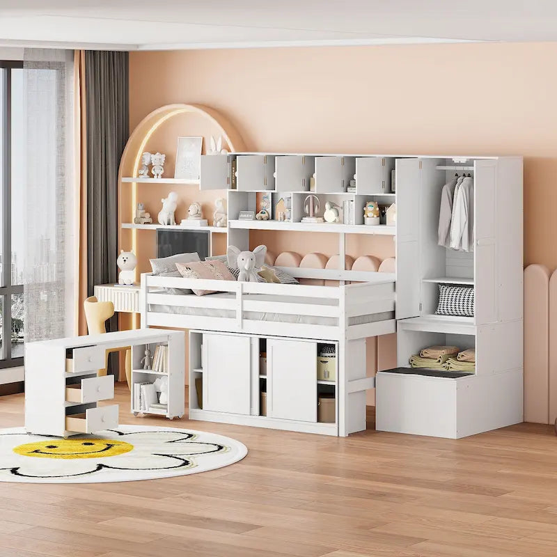 Letto a soppalco in legno a grandezza naturale, ampio spazio contenitore con scrivania sotto il letto, con cassetti, con mensole, bianco