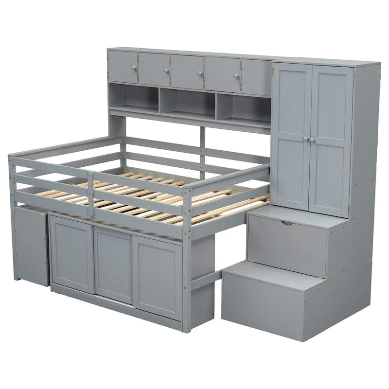 Letto a soppalco in legno a grandezza naturale, ampio spazio contenitore con scrivania sotto il letto, con cassetti, con mensole, bianco