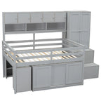 Letto a soppalco in legno a grandezza naturale, ampio spazio contenitore con scrivania sotto il letto, con cassetti, con mensole, bianco