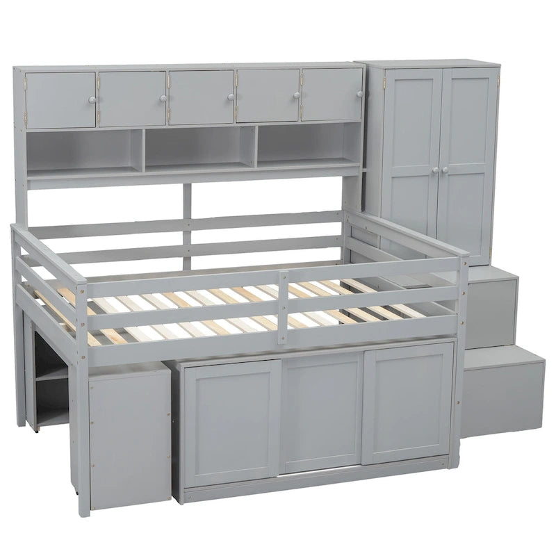 Letto a soppalco in legno a grandezza naturale, ampio spazio contenitore con scrivania sotto il letto, con cassetti, con mensole, bianco
