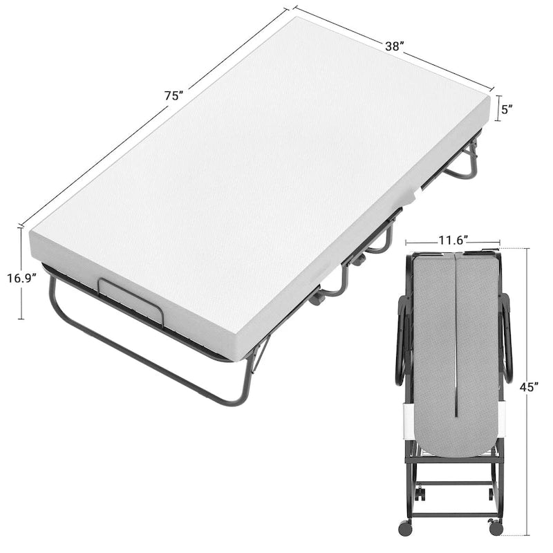 Letto pieghevole con materasso in memory foam da 12,7 cm, letto aggiuntivo a scomparsa con ruote