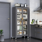Dispensa da cucina, mobile contenitore a 6 ripiani in metallo con anta trasparente, ripiani regolabili e ruote