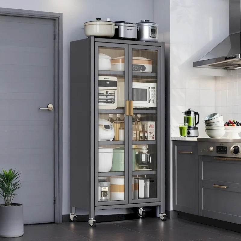 Dispensa da cucina, mobile contenitore a 6 ripiani in metallo con anta trasparente, ripiani regolabili e ruote