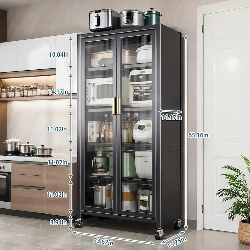 Dispensa da cucina, mobile contenitore a 6 ripiani in metallo con anta trasparente, ripiani regolabili e ruote