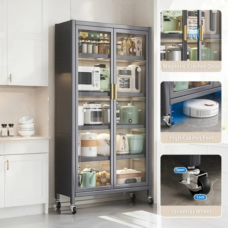Dispensa da cucina, mobile contenitore a 6 ripiani in metallo con anta trasparente, ripiani regolabili e ruote