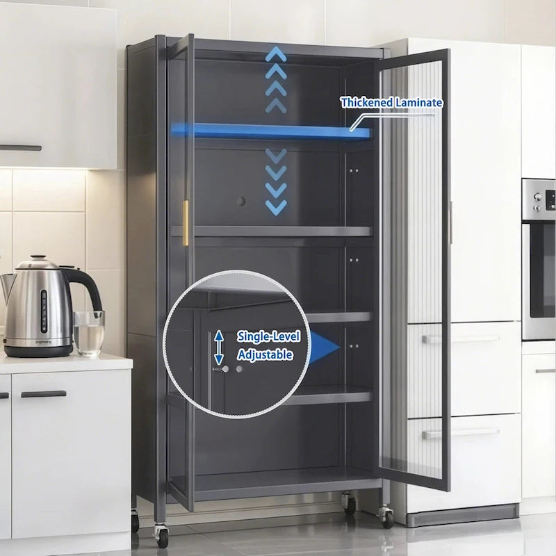 Dispensa da cucina, mobile contenitore a 6 ripiani in metallo con anta trasparente, ripiani regolabili e ruote