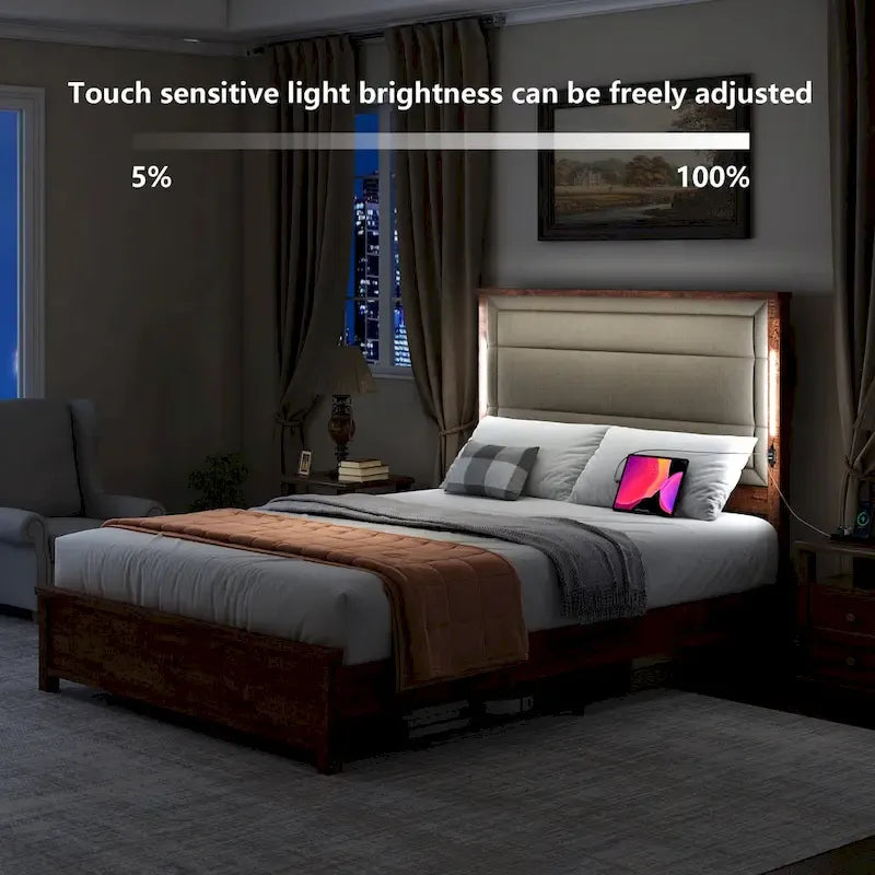 Letto a piattaforma Queen Size con testiera imbottita e luci a LED