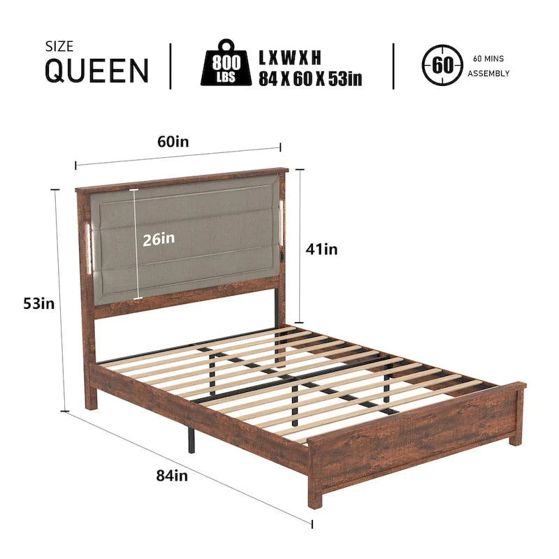 Letto a piattaforma Queen Size con testiera imbottita e luci a LED