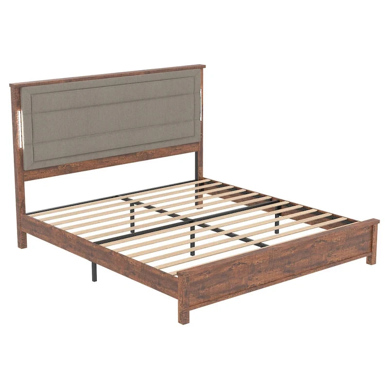 Letto a piattaforma Queen Size con testiera imbottita e luci a LED