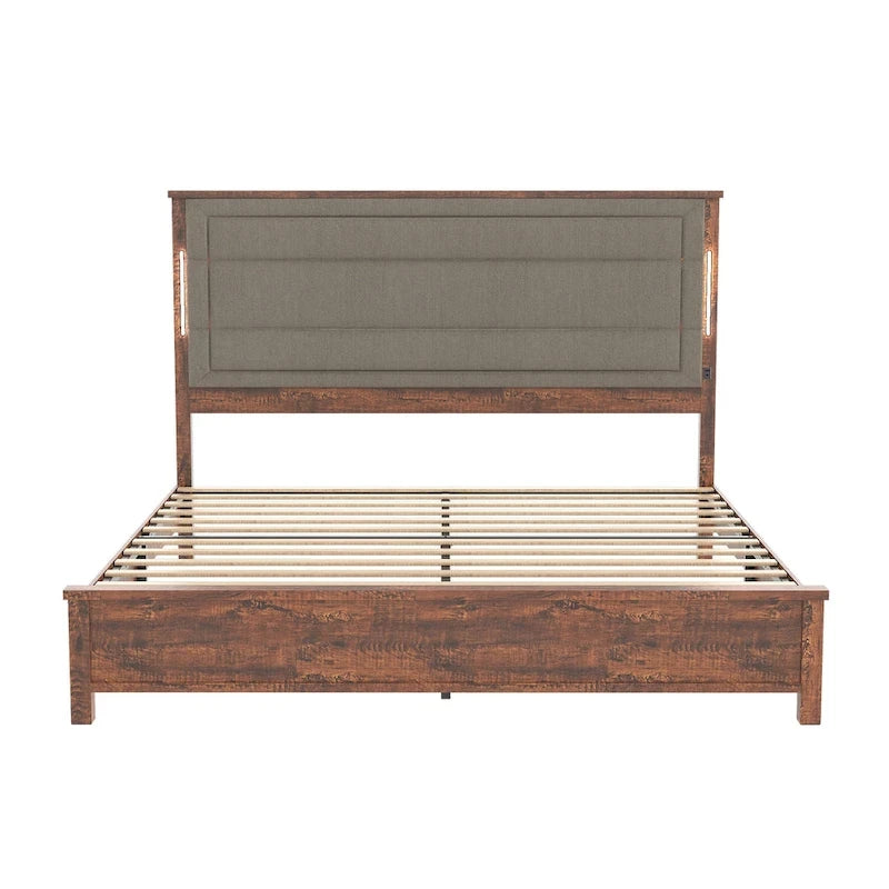 Letto a piattaforma Queen Size con testiera imbottita e luci a LED