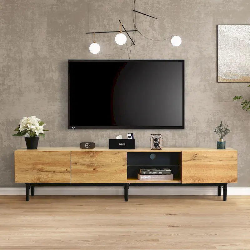 Mobile porta TV in legno da 70 con LED, ante e ripiani aperti per TV fino a 80 pollici