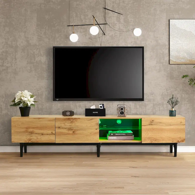 Mobile porta TV in legno da 70 con LED, ante e ripiani aperti per TV fino a 80 pollici