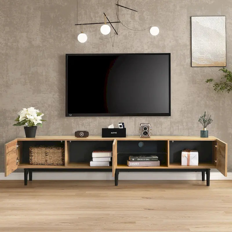 Mobile porta TV in legno da 70 con LED, ante e ripiani aperti per TV fino a 80 pollici