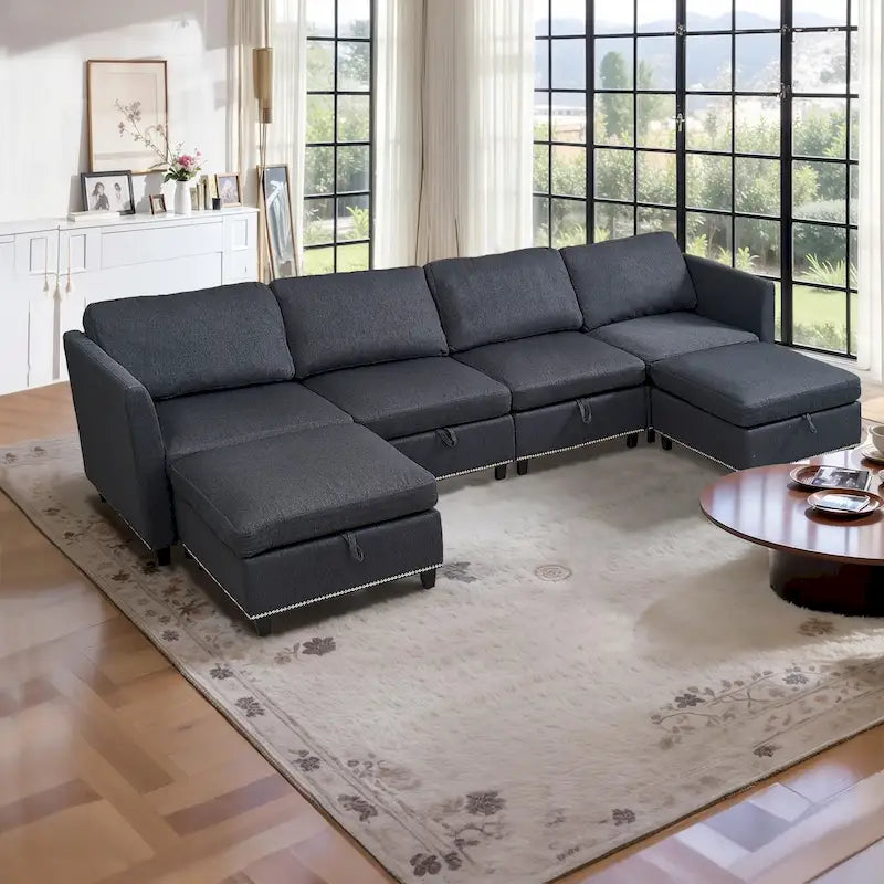 100 ampi divani componibili a U a 6 posti con contenitore, chaise longue reversibile e comodi cuscini profondi