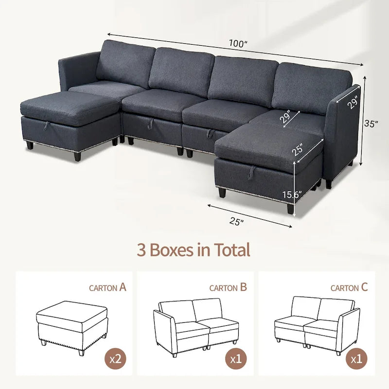 100 ampi divani componibili a U a 6 posti con contenitore, chaise longue reversibile e comodi cuscini profondi