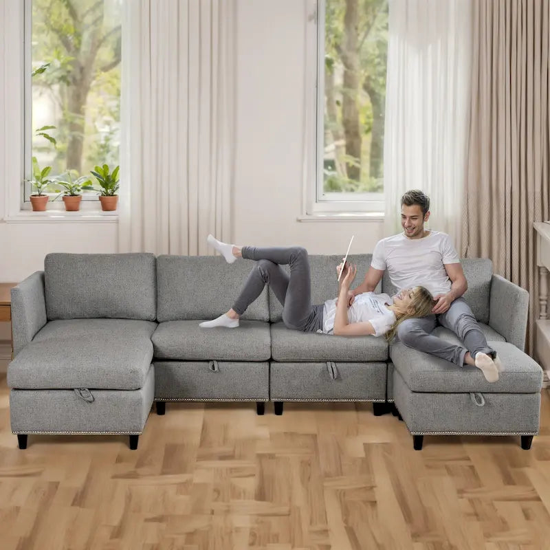 100 ampi divani componibili a U a 6 posti con contenitore, chaise longue reversibile e comodi cuscini profondi