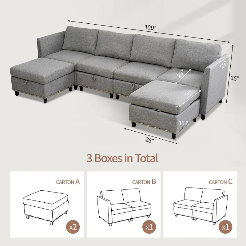 100 ampi divani componibili a U a 6 posti con contenitore, chaise longue reversibile e comodi cuscini profondi