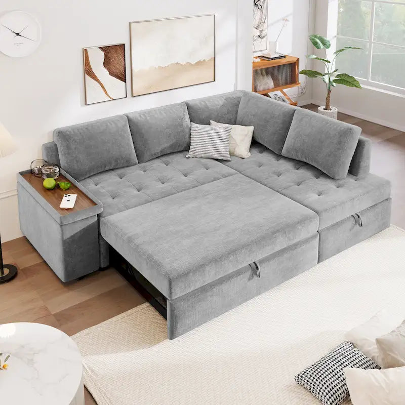 Divano sezionale a 4 posti a L da 91,5 cm con letto estraibile, contenitore nascosto e braccioli funzionali, per soggiorno