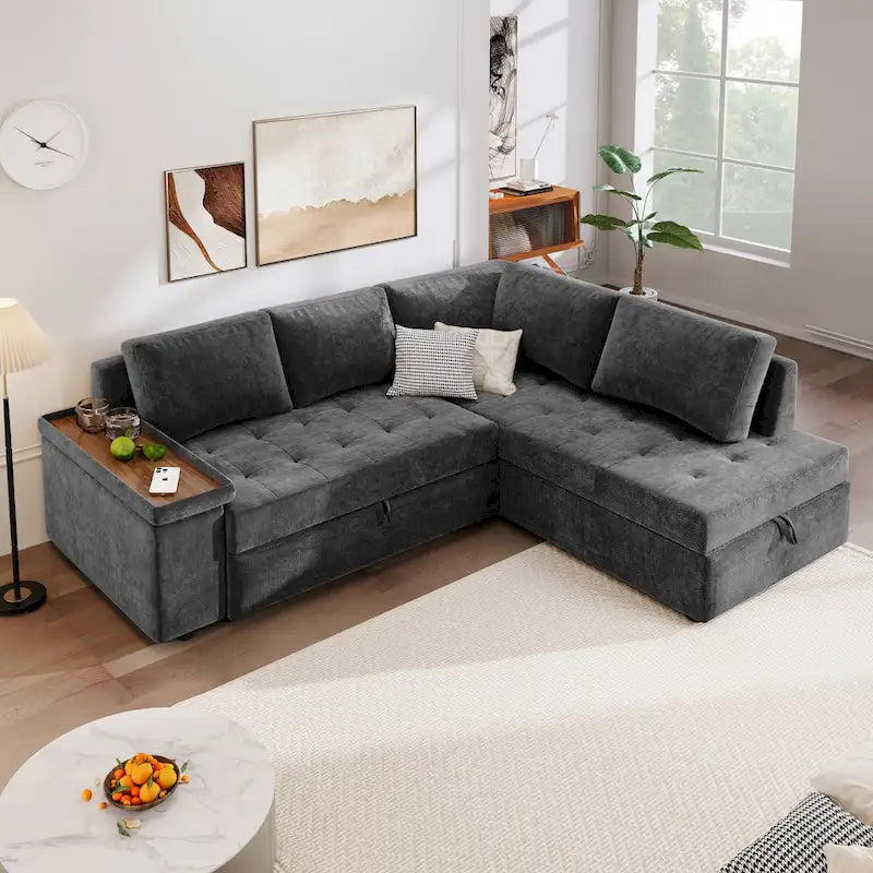 Divano sezionale a 4 posti a L da 91,5 cm con letto estraibile, contenitore nascosto e braccioli funzionali, per soggiorno