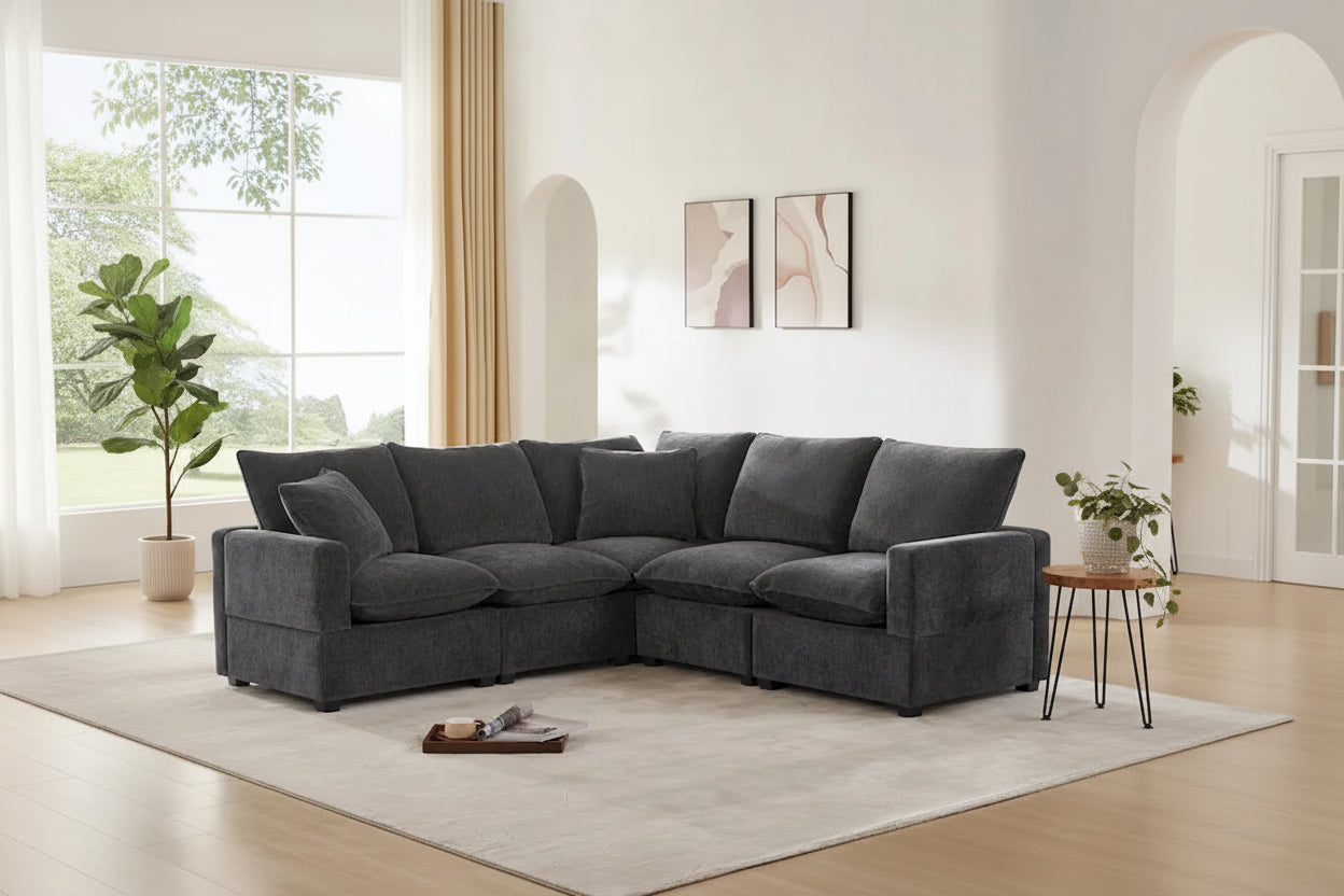 Black 84 Modular Chenille 5-Seat Corner Sectional Sofa Set with 2 Cushions, Great for Living Spaces or Apartments