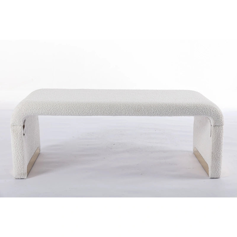 Panca moderna nuova in tessuto Boucle, poggiapiedi, sgabello da camera da letto, panca per scarpe con gambe in metallo dorato