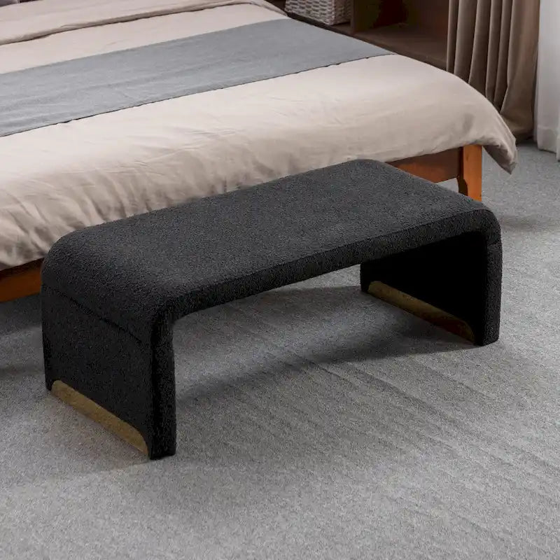 Panca moderna nuova in tessuto Boucle, poggiapiedi, sgabello da camera da letto, panca per scarpe con gambe in metallo dorato
