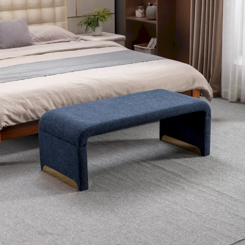Panca moderna nuova in tessuto Boucle, poggiapiedi, sgabello da camera da letto, panca per scarpe con gambe in metallo dorato