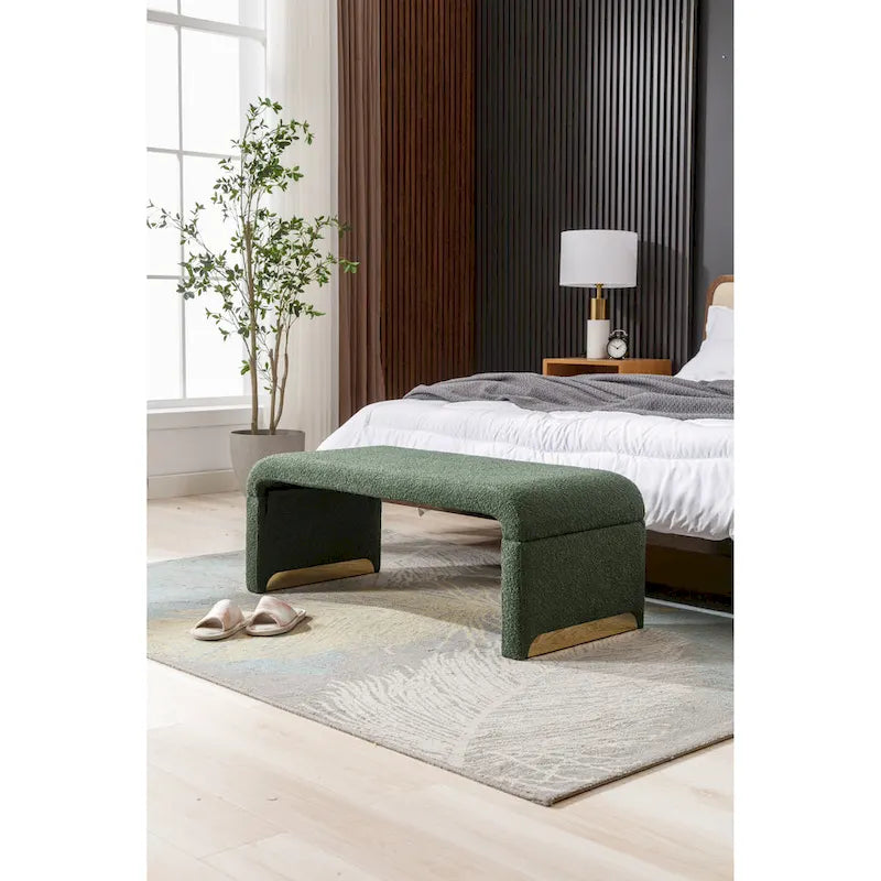 Panca moderna nuova in tessuto Boucle, poggiapiedi, sgabello da camera da letto, panca per scarpe con gambe in metallo dorato