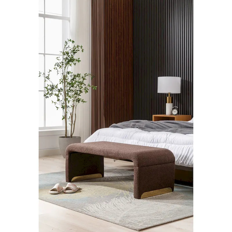 Panca moderna nuova in tessuto Boucle, poggiapiedi, sgabello da camera da letto, panca per scarpe con gambe in metallo dorato