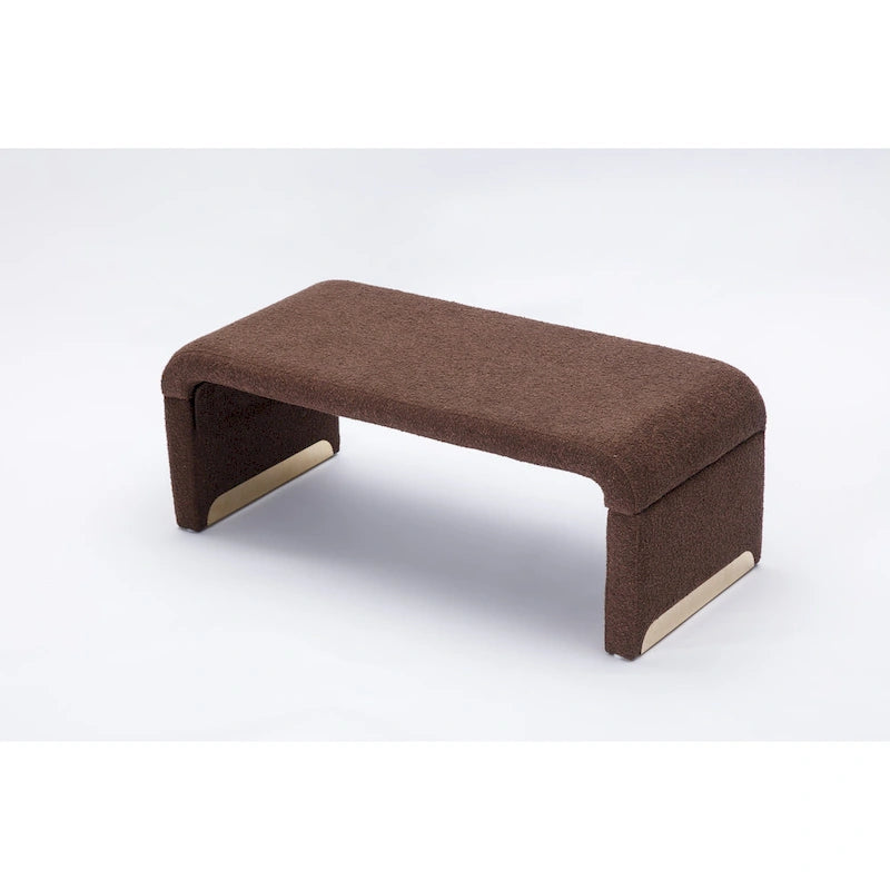 Panca moderna nuova in tessuto Boucle, poggiapiedi, sgabello da camera da letto, panca per scarpe con gambe in metallo dorato