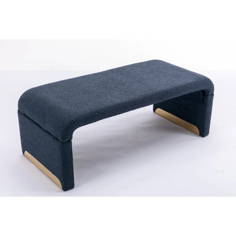 Panca moderna nuova in tessuto Boucle, poggiapiedi, sgabello da camera da letto, panca per scarpe con gambe in metallo dorato