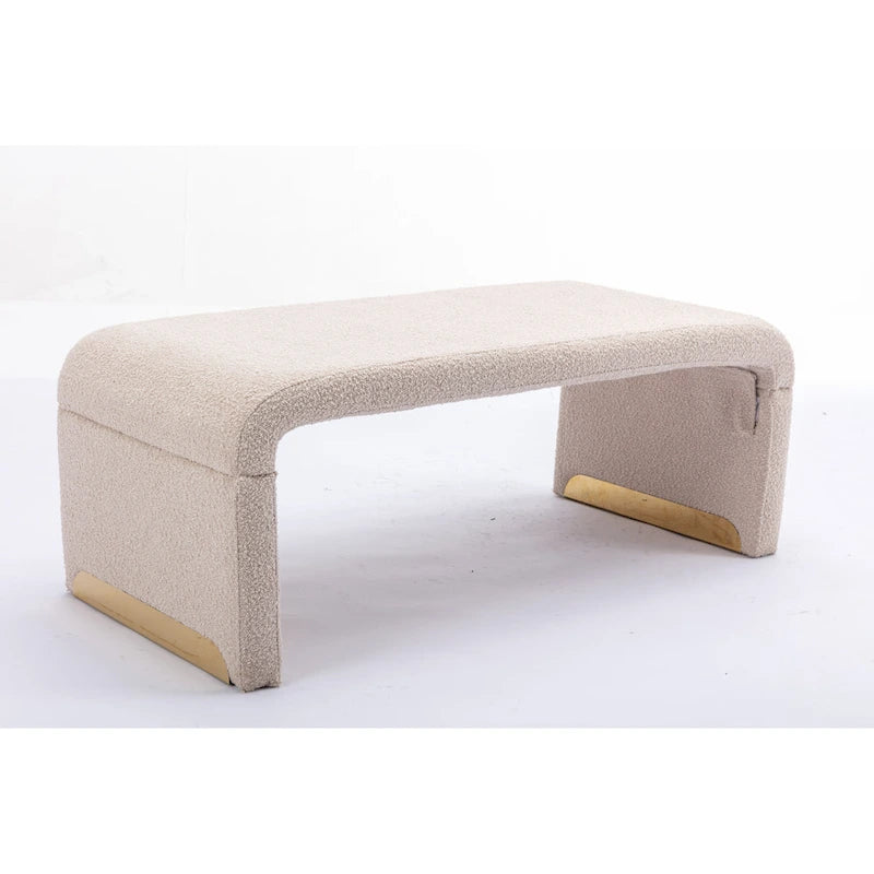Panca moderna nuova in tessuto Boucle, poggiapiedi, sgabello da camera da letto, panca per scarpe con gambe in metallo dorato