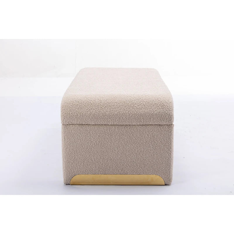 Panca moderna nuova in tessuto Boucle, poggiapiedi, sgabello da camera da letto, panca per scarpe con gambe in metallo dorato