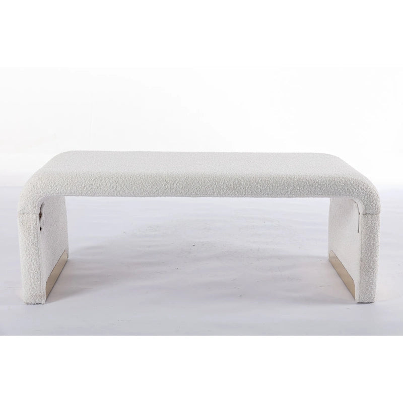 Panca moderna nuova in tessuto Boucle, poggiapiedi, sgabello da camera da letto, panca per scarpe con gambe in metallo dorato