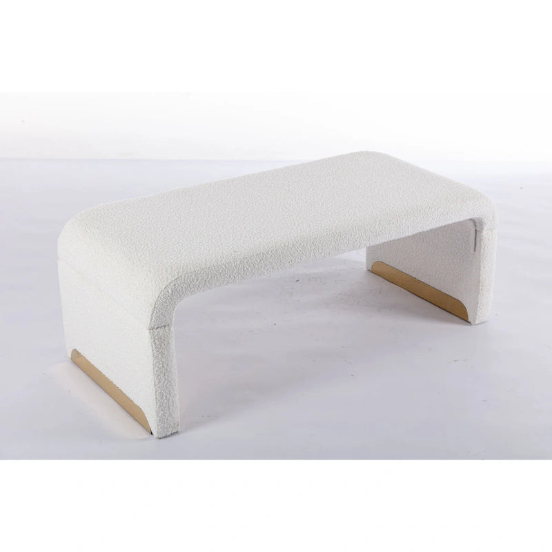 Panca moderna nuova in tessuto Boucle, poggiapiedi, sgabello da camera da letto, panca per scarpe con gambe in metallo dorato