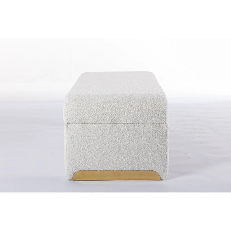 Panca moderna nuova in tessuto Boucle, poggiapiedi, sgabello da camera da letto, panca per scarpe con gambe in metallo dorato
