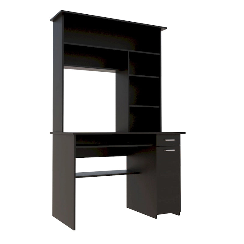 Scrivania con Credenza, 5 Ripiani, Vassoio Tastiera Estraibile, Pannello CPU e Cassetto