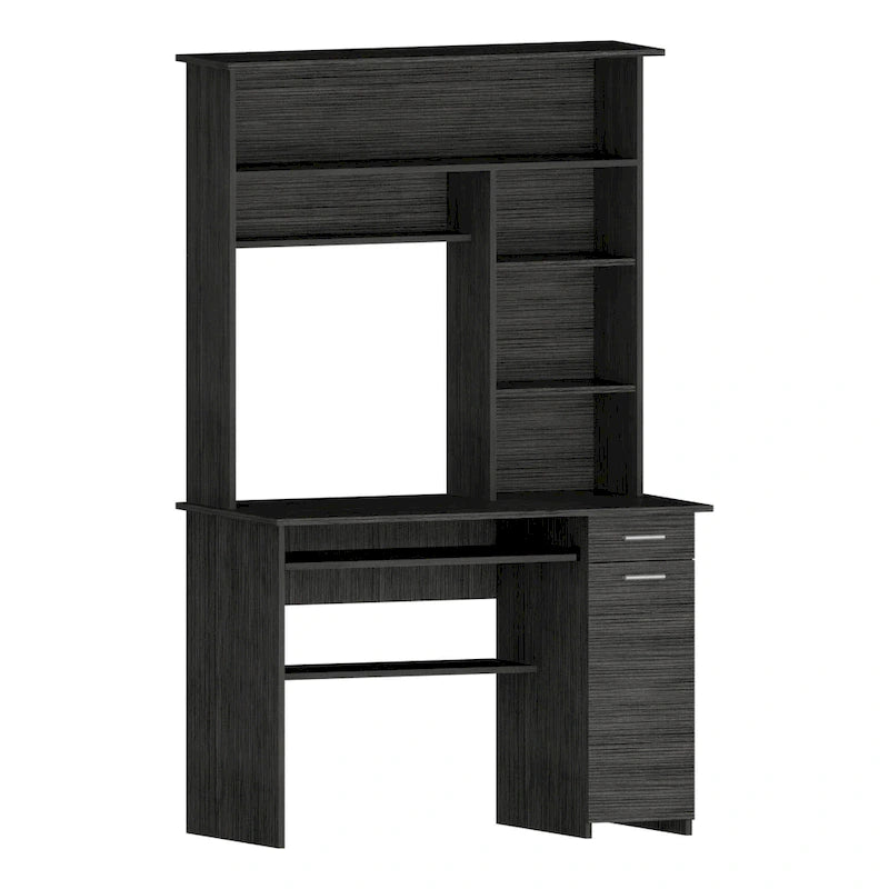 Scrivania con Credenza, 5 Ripiani, Vassoio Tastiera Estraibile, Pannello CPU e Cassetto