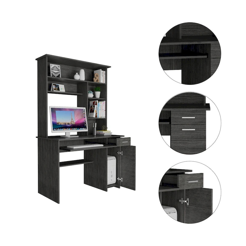 Scrivania con Credenza, 5 Ripiani, Vassoio Tastiera Estraibile, Pannello CPU e Cassetto