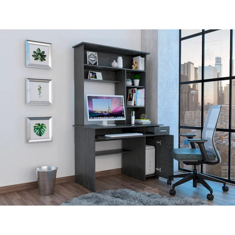 Scrivania con Credenza, 5 Ripiani, Vassoio Tastiera Estraibile, Pannello CPU e Cassetto