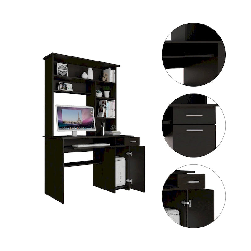 Scrivania con Credenza, 5 Ripiani, Vassoio Tastiera Estraibile, Pannello CPU e Cassetto